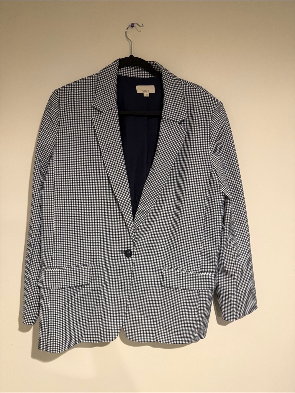 LOFT Navy and White Gingham Single-Button Blazer